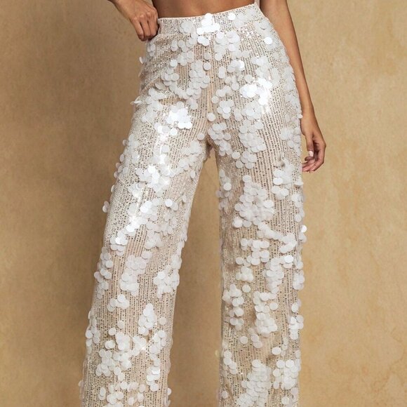 Glamorous Womens High Waist Sequin detailed Wide Leg Long Pants - Picture 3 of 7